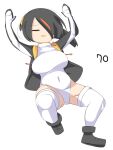  1girl arms_up black_footwear black_hair black_jacket boots breasts closed_eyes commentary_request covered_navel emperor_penguin_(kemono_friends) full_body hair_between_eyes hair_over_one_eye headphones highres jacket kemono_friends large_breasts lets0020 long_bangs multicolored_hair numbered one-piece_swimsuit open_clothes open_jacket open_mouth orange_hair short_hair simple_background solo streaked_hair swimsuit thighhighs white_background white_one-piece_swimsuit white_thighhighs 