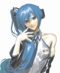 1girl aqua_eyes aqua_nails bare_shoulders black_sleeves blue_hair breasts closed_mouth collared_shirt derivative_work detached_sleeves grey_shirt hair_between_eyes hashtag-only_commentary hatsune_miku hatsune_miku_(noodle_stopper) long_hair medium_breasts meme moyanwxy nail_polish necktie photo-referenced shirt side_ponytail sidetail_miku_noodle_stopper_(meme) sleeveless sleeveless_shirt smile solo upper_body vocaloid white_background 
