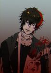  1boy absurdres bandages black_hair blood blood_on_bandages collarbone emblem flower gam17m gradient_background highres hizen_tadahiro looking_at_viewer male_focus multicolored_hair open_mouth red_eyes red_hair short_hair simple_background smile solo spider_lily touken_ranbu upper_body 
