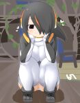  1girl black_footwear black_hair black_jacket blush boots breasts chair closed_mouth commentary_request emperor_penguin_(kemono_friends) full_body hair_between_eyes hands_on_own_cheeks hands_on_own_face headphones heart highres indoors jacket kemono_friends large_breasts lets0020 long_bangs looking_at_viewer multicolored_hair numbered one-piece_swimsuit open_clothes open_jacket orange_hair short_hair smile solo squatting streaked_hair swimsuit thighhighs tree white_one-piece_swimsuit white_thighhighs 