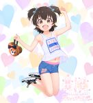  1girl :d absurdres akagi_miria animal_bag arm_up bag bare_arms bare_shoulders black_footwear black_hair blue_bow blue_shorts blush bow brown_eyes clothes_writing collarbone commentary_request denim denim_shorts hair_between_eyes hair_bow heart heart_background highres holding holding_bag idolmaster idolmaster_cinderella_girls looking_at_viewer mayafufu midriff_peek navel shoes short_shorts shorts smile solo tank_top two_side_up white_background white_tank_top 