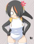  1girl anger_vein black_hair black_jacket blush_stickers breasts commentary_request covered_navel cowboy_shot emperor_penguin_(kemono_friends) emphasis_lines grey_background hair_between_eyes hands_on_own_hips headphones highres jacket kemono_friends large_breasts leaning_forward lets0020 long_bangs looking_at_viewer multicolored_hair numbered o_o one-piece_swimsuit open_clothes open_jacket open_mouth orange_hair short_hair simple_background solo streaked_hair swimsuit thighhighs v-shaped_eyebrows white_one-piece_swimsuit white_thighhighs 