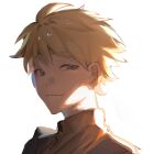  1boy atou_haruki blonde_hair brown_eyes brown_jacket brown_sweater chinese_commentary closed_mouth commentary_request danxunmo jacket male_focus open_clothes open_jacket portrait saibou_shinkyoku short_hair simple_background solo sweater turtleneck turtleneck_sweater white_background 