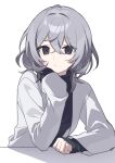 ahoge black_eyes black_shirt closed_mouth grey_hair hair_between_eyes hair_intakes hijiri_(resetter) jacket long_sleeves looking_at_viewer open_clothes open_jacket original shadow shirt simple_background sleeves_past_wrists solo turtleneck upper_body white_background white_jacket 
