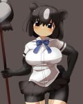  1girl animal_ears bear_ears bear_girl bear_tail bike_shorts_under_skirt black_gloves black_hair black_skirt blue_bow blue_bowtie blush bow bowtie breasts brown_background brown_bear_(kemono_friends) brown_eyes closed_mouth commentary_request cowboy_shot elbow_gloves expressionless gloves hair_between_eyes holding holding_staff kemono_friends large_breasts lets0020 looking_at_viewer medium_bangs miniskirt pleated_skirt shirt short_hair skirt solo staff tail white_shirt 
