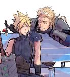  2boys arm_armor armor belt bench black_gloves black_pants black_sweater blonde_hair blue_eyes blue_shirt brown_belt buster_sword can car_keys cheppo clenched_teeth cloud_strife commentary drink_can english_commentary final_fantasy final_fantasy_vii final_fantasy_vii_rebirth final_fantasy_vii_remake gloves grin hair_slicked_back hands_up highres holding holding_sword holding_weapon implied_yaoi key leaning_forward long_hair looking_at_another male_focus materia military_uniform multiple_belts multiple_boys one_eye_closed pants parted_lips pauldrons planted planted_sword roche_(ff7r) shirt short_hair shoulder_armor single_pauldron sitting sleeveless sleeveless_sweater sleeveless_turtleneck smile soda_can spiked_hair suspenders sweater sword teeth turtleneck turtleneck_sweater twitter_username uniform upper_body weapon white_background 