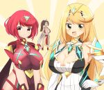  3girls blonde_hair blush bodysuit breasts brown_hair chest_jewel cleavage cleavage_cutout closed_mouth clothing_cutout commentary_request crossover dress elbow_gloves fatal_fury gloves hand_on_own_hip high_ponytail large_breasts lets0020 long_hair looking_at_viewer multiple_girls mythra_(xenoblade) open_mouth pelvic_curtain pyra_(xenoblade) red_bodysuit red_hair shiranui_mai short_hair smash_is_for_good_boys_and_girls smile standing super_smash_bros. swept_bangs tiara unamused upper_body v-shaped_eyebrows very_long_hair white_dress white_gloves xenoblade_chronicles_(series) xenoblade_chronicles_2 yellow_background yellow_eyes 