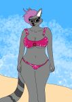  anthro beach clothing female hair hi_res mammal mature_female pattern_clothing procyonid purple_hair raccoon sand solo stormfluff567 water 