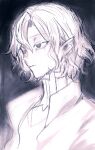  1boy bags_under_eyes black_eyes ci_(scian) crying dungeon_meshi elf gorget grey_hair highres lazy_eye looking_to_the_side male_focus mithrun monochrome notched_ear pointy_ears portrait short_hair simple_background sketch solo streaming_tears tears uneven_eyes wavy_hair 