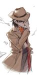  1boy absurdres black_hair black_pants bowler_hat brown_coat brown_hat buttons closed_mouth coat collared_coat collared_shirt commentary cropped_legs danganronpa_(series) english_commentary frown gisces hair_between_eyes hand_on_headwear hat high-waist_pants highres layered_sleeves long_sleeves looking_ahead male_focus medium_hair newspaper open_mouth orange_scarf pants pen_behind_ear polka_dot polka_dot_scarf purple_eyes scarf shirt simple_background solo super_danganronpa_another_2 trench_coat white_background white_shirt yomiuri_nikei 