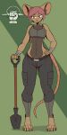  1:2 2022 4_toes 5_fingers absurd_res anthro barefoot belt breasts brown_eyes digitigrade feet female fingers full-length_portrait hair hand_on_hip hand_wraps hi_res looking_at_viewer mammal murid murine navel portrait rat red_hair rodent scar short_hair shovel smile solo standing the_man toes tools wraps 
