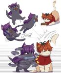  :3 absurdres animal black_hair blunt_bangs cat catching closed_eyes doughnut fern_(sousou_no_frieren) food fur_collar highres j_humbo jacket looking_at_another mouth_hold no_humans pout punching purple_eyes purple_hair red_hair red_jacket short_hair sitting smile sousou_no_frieren stark_(sousou_no_frieren) 