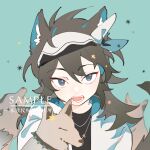  1boy alternate_eye_color alternate_hair_color animal_ear_fluff animal_ears aqua_background black_hair black_shirt blue_eyes chinese_commentary commentary_request fangs highres isoi_reiji jacket kemonomimi_mode long_hair male_focus open_clothes open_jacket open_mouth portrait saibou_shinkyoku sample_watermark sanpaku shirt simple_background solo sparkle watermark white_jacket wolf wolf_boy wolf_ears xiao228 