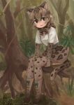  1girl animal_ears animal_print belt boots bow bowtie branch brown_eyes brown_hair cat_ears cat_tail commentary_request cross-laced_footwear elbow_gloves foliage footwear_bow full_body gloves high-waist_skirt kemono_friends lace-up_boots marbled_cat_(kemono_friends) multicolored_hair plant_roots rumenia_(ao2is) shoes short_hair short_sleeves sitting sitting_on_hand skirt solo tail thighhighs tree 