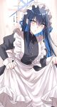  1girl apron black_dress black_hair blue_archive blue_eyes blue_hair blush breasts colored_inner_hair dress frills halo highres kinona large_breasts long_hair long_sleeves looking_at_viewer maid_headdress multicolored_hair open_mouth saori_(blue_archive) solo translation_request white_apron 