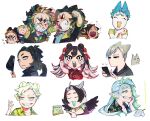 1girl 6+boys animal_ears baseball_cap bear_boy bear_ears bird_boy bird_wings black_eyes black_hair black_wings blue_hair bright_pupils brothers cellphone chibi china_dress chinese_clothes clenched_hand clenched_teeth closed_eyes colored_skin colored_tips double_bun dress ear_piercing facing_viewer fangs feathered_wings fighting fish_boy fox_boy fox_ears grabbing_another&#039;s_ear green_eyes green_hair grey_hair grey_skin grin hair_bun hand_on_another&#039;s_ear hands_up hat head_wings highres holding holding_clothes holding_hat holding_phone long_hair looking_at_another looking_at_viewer monster_boy multicolored_hair multiple_boys one_eye_closed open_mouth orange_hair original own_hands_together panther_boy panther_ears panther_tail phone piercing red_eyes scratches sharp_teeth shirt short_hair short_sleeves siblings simple_background slit_pupils smartphone smile streaked_hair teardrop teeth tiger_boy tiger_ears upper_body very_short_hair white_background white_hair wings yellow_eyes yellow_shirt zzb_azz 