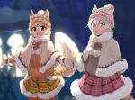  2girls alternate_costume animal_ears brown_eyes cat_(kemono_friends) cat_ears cat_tail cloak commentary_request dog_(shiba_inu)_(kemono_friends) dog_ears dog_tail ears_through_headwear extra_ears fur_collar fur_trim hat holding_hands kemono_friends kemono_friends_festival light_brown_hair long_sleeves mittens multicolored_hair multiple_girls neck_ribbon plaid plaid_shorts plaid_skirt ribbon rumenia_(ao2is) short_hair shorts skirt sweater tail white_hair winter_clothes yellow_eyes 