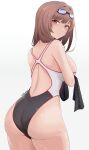  1girl absurdres ass black_one-piece_swimsuit breasts brown_hair closed_mouth cowboy_shot from_behind goddess_of_victory:_nikke goggles goggles_on_headwear highres large_breasts lendivere looking_at_viewer looking_back medium_hair multicolored_clothes multicolored_swimsuit official_alternate_costume one-piece_swimsuit rapi_(classic_vacation)_(nikke) rapi_(nikke) red_eyes shiny_skin simple_background solo swim_goggles swimsuit white_background white_one-piece_swimsuit 