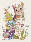  animal animal_focus blending blue_flower cat daisy flower full_body grass green_eyes highres leaf looking_at_viewer no_humans original painting_(medium) simple_background sitting solo takedahiroki traditional_media watercolor_(medium) whiskers white_flower yellow_background 