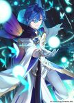  1boy blue_eyes blue_hair bug butterfly commentary_request copyright_notice dark_blue_hair fairy_wings fantasy foreshortening gloves glowing_butterfly hair_between_eyes highres hooded_robe kaito_(vocaloid) looking_at_viewer male_focus night pants parted_lips robe senobi_(senoby) short_hair smile solo standing vocaloid white_gloves white_pants white_robe wings 