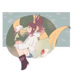  1girl blush boots brown_hair closed_mouth commentary_request exposed_pocket from_side hat high_ponytail highres hilda_(pokemon) hime_(himetya105) hood hood_down hoodie legs_together pokemon pokemon_(creature) pokemon_bw serperior shorts sidelocks smile unworn_hat unworn_headwear white_hat white_hoodie 