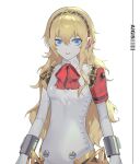  1girl aegis_(persona) alternate_hair_length alternate_hairstyle android blonde_hair blue_eyes closed_mouth haemuu hair_between_eyes headphones highres joints long_hair looking_at_viewer persona persona_3 robot_ears robot_girl robot_joints sidelocks simple_background solo white_background 