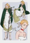  1girl alternate_costume alternate_hairstyle alternate_universe ambrosia_(dungeon_meshi) bags_under_eyes blonde_hair border breasts choker cleavage cloak cosplay dress dungeon_meshi elf english_text gorget green_cloak green_eyes grey_background highres holding holding_staff hood hooded_cloak i9ipguya long_hair looking_at_viewer marcille_donato medium_breasts messy_hair multiple_views notched_ear pointy_ears robe short_hair simple_background solo staff strapless strapless_dress white_border white_dress 