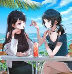  2girls alternate_hairstyle bang_dream! bang_dream!_it&#039;s_mygo!!!!! black_hair black_shirt black_skirt black_tank_top blue_eyes blue_shirt bracelet breasts cleavage closed_mouth collarbone commentary commission crossed_legs cup day earrings english_commentary feeding highres jacket jewelry long_hair looking_at_another low_ponytail medium_breasts medium_hair midriff_peek mole mole_under_eye multiple_girls ocean off_shoulder open_clothes open_jacket open_mouth outdoors purple_eyes shared_drink shiina_taki shirt sitting skirt sleeveless sleeveless_shirt tank_top white_jacket yahata_umiri yuri zihacheol 