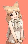  1girl :3 :d animal_ears bare_arms bare_shoulders blonde_hair brown_eyes commentary_request cowboy_shot extra_ears jacket_around_neck kemono_friends long_hair looking_at_viewer open_mouth orange_skirt outline pale_fox_(kemono_friends) red_background rumenia_(ao2is) shirt simple_background skirt sleeveless sleeveless_shirt smile solo white_outline white_shirt wristband 