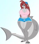  2020 3_toes accessory anthro big_breasts black_sclera blue_bottomwear blue_clothing blue_shorts blush bottomwear breasts cleavage clothed clothing dewwydarts feet female fin fish flower flower_in_hair grey_body grey_scales hair hair_accessory hands_behind_back hi_res long_hair long_tail marine open_mouth pink_clothing pink_topwear plant red_eyes red_hair scales scalie shark shorts simple_background solo standing tail_fin thick_thighs toes topwear wide_hips 