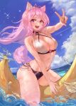  1girl ahoge animal_ears aya_tarou banana_boat bikini braid breasts cloud crown_braid hakui_koyori hololive large_breasts long_hair navel ocean open_mouth pink_hair purple_eyes purple_nails side-tie_bikini slit_pupils swimsuit tail two-tone_bikini v virtual_youtuber water 