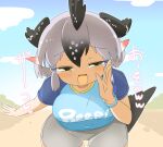  1girl :d animal_ears bird_ears bird_tail bird_wings black_hair blue_shirt blue_sky blush breasts commentary_request cowboy_shot day greater_roadrunner_(kemono_friends) grey_hair grey_shorts half-closed_eyes head_wings kemono_friends leaning_forward lets0020 looking_at_viewer medium_bangs medium_breasts multicolored_hair open_mouth pointy_ears raglan_sleeves shirt short_hair short_sleeves shorts sky smile smug solo tail translation_request wings 