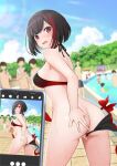 1girl :o absurdres ass bang_dream! bikini black_bikini black_hair blush breasts butt_crack commission covering_ass covering_crotch covering_privates day embarrassed flame_print from_behind gibun_(sozoshu) highres hip_focus holding holding_phone looking_at_viewer looking_back medium_breasts medium_hair mitake_ran multicolored_hair multiple_others outdoors phone pixiv_commission pool purple_eyes red_bikini red_hair sexual_harassment standing streaked_hair surprised swimsuit taking_picture thighs two-tone_bikini two-tone_hair untied_bikini_bottom wardrobe_malfunction wet wet_bikini wet_clothes wet_swimsuit wide-eyed 