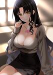  1girl black_hair black_skirt breasts chest_tattoo cleavage collarbone engo_(aquawatery) facial_mark fate/grand_order fate_(series) forehead_mark grey_shirt highres large_breasts long_hair long_sleeves looking_at_viewer parted_bangs pencil_skirt sessyoin_kiara shirt skirt smile solo tattoo thighs very_long_hair wavy_hair yellow_eyes 
