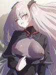 1girl 4sm98 absurdres beak_(girls&#039;_frontline) blush breasts breasts_apart chromatic_aberration english_commentary girls&#039;_frontline highres long_hair looking_at_viewer nipples pink_eyes saliva saliva_on_breasts saliva_trail sangvis_ferri solo tongue upper_body white_hair 