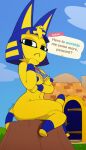  animal_crossing ankha_(animal_crossing) anthro breasts clothing crossed_legs domestic_cat egyptian_clothing english_text felid feline felis female frown hi_res looking_at_viewer mammal mostly_nude nintendo omeyega sitting solo text video_games 