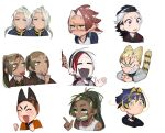  6+boys :3 angry animal_ears black_hair blonde_hair blue_eyes blue_hair blush brothers brown_hair burn_scar cat_boy cat_ears cat_tail chibi closed_eyes closed_mouth collared_shirt colored_inner_hair crossed_arms crying crying_with_eyes_open dark-skinned_male dark_skin dog_boy dog_ears dreadlocks ear_piercing fang freckles green_eyes green_hair hands_up highres long_hair looking_at_viewer male_focus multicolored_hair multiple_boys no_mouth open_mouth original piercing pointy_ears ponytail red_eyes red_hair scar scar_on_face sharp_teeth shirt short_eyebrows short_hair siblings simple_background skin_fang slit_pupils streaked_hair tail tears teeth tentacle_hair tongue tongue_out twins upper_body v veins very_short_hair vest white_background white_hair yellow_eyes zzb_azz 