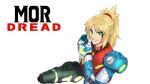  1girl absurdres arm_cannon armor bleeding bleeding_from_forehead blonde_hair blood blood_on_face blue_armor braid cosplay crossover english_commentary english_text fate_(series) fseffect glowing_lines green_eyes green_light grin half_up_braid high_ponytail highres looking_at_viewer metroid metroid_dread mordred_(fate) multicolored_armor nosebleed parted_bangs ponytail power_suit_(metroid) pun red_armor samus_aran samus_aran_(cosplay) sidelocks smile solo teeth weapon white_armor white_background wiping_blood yellow_light 