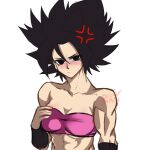 1girl abs anger_vein artist_name bare_shoulders black_eyes black_hair blush bracer breasts caulifla dragon_ball dragon_ball_super english_commentary flustered hair_between_eyes hand_on_own_chest highres looking_at_viewer medium_breasts midriff muscular muscular_female ocean_man_(artist) parted_bangs pink_tube_top signature simple_background sketch solid_circle_pupils solo spiked_hair strapless tube_top upper_body white_background 