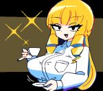  1girl black_eyes blonde_hair breasts cup drill_hair drill_sidelocks eyelashes holding holding_cup kaneda_mochiko large_breasts long_hair looking_at_viewer mount_celeb_kaneda-san nyaromeron open_mouth shirt sidelocks simple_background solo sparkle teacup thick_eyelashes very_long_hair white_shirt 