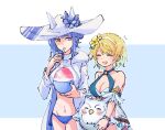  2girls alonemistrist bare_shoulders bikini blonde_hair blue_bikini blue_eyes blue_hair bowl breasts character_doll cleavage closed_eyes earrings english_commentary feh_(fire_emblem_heroes) fire_emblem fire_emblem_heroes fjorm_(fire_emblem) fjorm_(summer)_(fire_emblem) flower food hair_flower hair_ornament hairband hat holding holding_bowl holding_spoon jacket jewelry looking_at_another multiple_girls navel nifl_(fire_emblem) nifl_(summer)_(fire_emblem) official_alternate_costume open_clothes open_jacket open_mouth shaved_ice short_hair spoon swimsuit utensil_in_mouth white_hairband white_hat white_jacket 