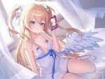  1boy 1girl absurdres angel_wings bar_censor bare_shoulders blonde_hair blue_eyes blush breasts cellphone censored curtains feathered_wings fellatio ggwa halo highres holding holding_phone long_hair looking_at_viewer low_wings multiple_views nightgown non-web_source on_bed oral original parted_lips penis phone sitting small_breasts smartphone two_side_up white_nightgown wind wings 