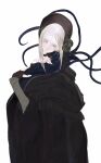  1girl 1other bloodborne bonnet closed_mouth commentary cracked_skin doll doll_joints highres hunter_(great_one)_(bloodborne) joints long_hair opood plain_doll simple_background spoilers squid tentacles white_background white_hair 