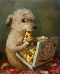  alison_friend ambiguous_gender canid canine canis container domestic_dog eating feral food hi_res looking_at_viewer mammal oil oil_painting_(artwork) open_box pepperoni pizza pizza_box solo 