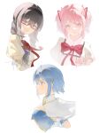  3girls absurdres akemi_homura black_hair black_hairband blue_eyes blue_hair cape chaconne collared_cape frills glasses hair_ornament hair_ribbon hairband hairclip highres kaname_madoka looking_at_viewer magical_girl mahou_shoujo_madoka_magica mahou_shoujo_madoka_magica_(anime) miki_sayaka mitakihara_school_uniform multiple_girls pink_eyes pink_hair puffy_sleeves purple_eyes red-framed_eyewear red_ribbon ribbon school_uniform short_hair simple_background smile twintails upper_body white_background 