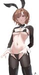  1girl absurdres animal_ears black_bow black_bowtie black_bra black_panties black_pantyhose black_thighhighs bow bowtie bra breasts brown_hair commentary_request fake_animal_ears highres higuchi_madoka idolmaster idolmaster_shiny_colors long_sleeves looking_at_viewer medium_breasts meme_attire navel open_mouth panties pantyhose partial_commentary prixy rabbit_ears red_eyes reverse_bunnysuit reverse_outfit signature solo stomach thighhighs underwear 