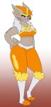  2020 3_toes anthro brown_body brown_fur cinderace dewwydarts featureless_crotch feet female fur hand_on_hip hi_res knee_tuft lagomorph leg_markings leg_tuft leporid mammal markings multicolored_body multicolored_fur nintendo orange_body orange_fur pok&eacute;mon pok&eacute;mon_(species) pseudo_clothing rabbit scut_tail short_tail shoulder_tuft simple_background smile socks_(marking) solo toeless_(marking) toes tuft video_games white_body white_fur yellow_body yellow_fur yellow_inner_ear 