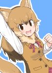  1girl :d animal_ear_fluff animal_ears arm_up black_hair blue_background brown_eyes brown_hair character_request clenched_hand commentary_request extra_ears fur_collar gradient_hair hair_between_eyes kemono_friends multicolored_hair open_mouth outline rumenia_(ao2is) shirt simple_background smile solo tail vest white_outline white_shirt 