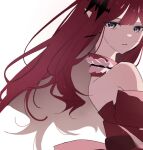  1girl baobhan_sith_(fate) baobhan_sith_(first_ascension)_(fate) bare_shoulders close-up detached_collar detached_sleeves dress fate/grand_order fate_(series) grey_eyes konikoni1002 long_hair pointy_ears red_dress red_hair red_sleeves simple_background solo white_background 