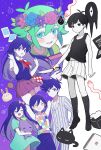  2girls 4boys ^_^ animal antenna_hair aqua_dress aqua_eyes arms_at_sides arms_behind_head aubrey_(headspace)_(omori) aubrey_(omori) bare_arms bare_shoulders basil_(headspace)_(omori) basil_(omori) basket black_cat black_eyes black_hair black_socks black_tank_top blue_flower blue_pajamas blue_pants blue_rose blue_skirt blush book bow bright_pupils brother_and_sister brothers brown_skirt buttons cat checkered_clothes checkered_shirt closed_eyes closed_mouth collarbone colored_eyelashes colored_inner_hair colored_skin commentary computer dress english_commentary expressionless fingernails flipped_hair floating_clothes flower flower_wreath forest_bunny_(omori) full_body gradient_sky green_hair green_shirt grey_hair grey_pajamas grey_pants grey_shirt grin hair_behind_ear hair_between_eyes hair_bow hand_on_own_hip hands_up head_wreath hero_(headspace)_(omori) hero_(omori) highres holding holding_basket holding_book holding_knife holding_stuffed_toy kel_(headspace)_(omori) kel_(omori) kitchen_knife kneehighs knife laptop leaf light_bulb long_sleeves looking_at_viewer lower_teeth_only m1stm1 mari_(headspace)_(omori) mari_(omori) mewo midriff_peek mr._plantegg_(omori) multicolored_hair multiple_boys multiple_girls neckerchief no_pupils no_shoes omori omori_(omori) open_mouth pajamas pants photo_(object) picnic_basket picnic_blanket pink_bow pink_flower pink_rose pleated_skirt purple_eyes purple_flower purple_hair purple_outline purple_shorts purple_sky purple_sweater_vest red_neckerchief rose shirt short_sleeves shorts siblings sidelocks skirt sky smile socks something_(omori) sprout_mole standing striped_clothes striped_pants striped_shirt striped_shorts stuffed_eggplant stuffed_toy sweater_vest tank_top teeth tissue_box tongue two-tone_hair two-tone_pajamas two-tone_pants two-tone_shirt upper_body upper_teeth_only v-shaped_eyebrows vertical-striped_clothes vertical-striped_pajamas vertical-striped_pants vertical-striped_shirt vertical-striped_shorts white_background white_pupils white_shirt white_shorts white_skin wind wing_collar 